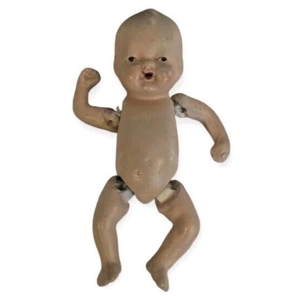 Bisque Jointed Baby Doll Japan Stringed Stamped Mouth Miniature Porcelain Vtg 4" - Picture 1 of 16